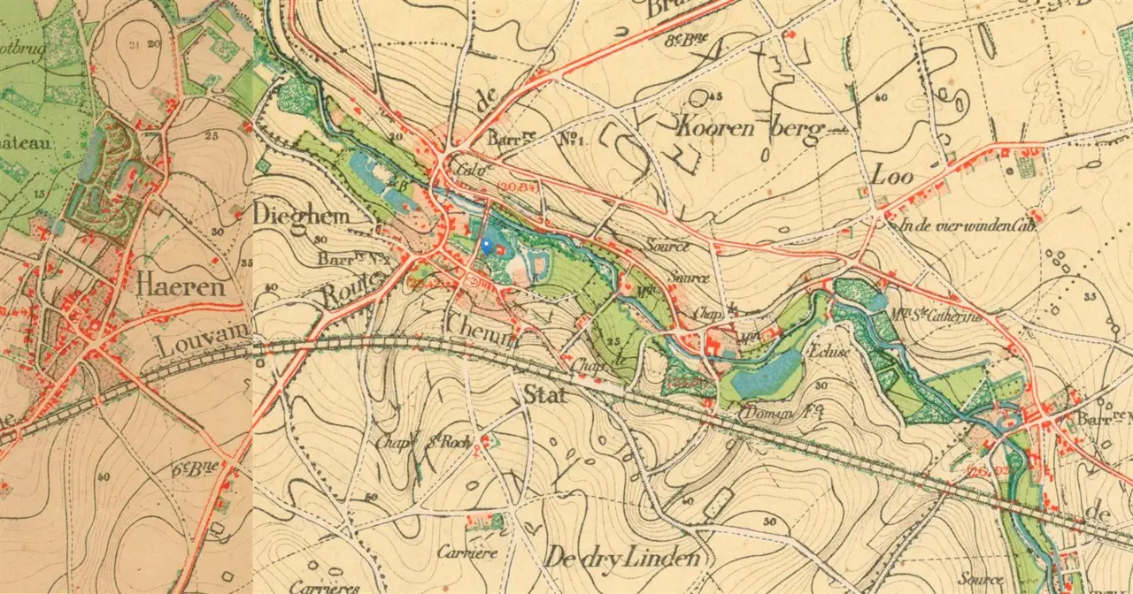 Oude kleurenkaart van de Woluwevallei rond Diegem.