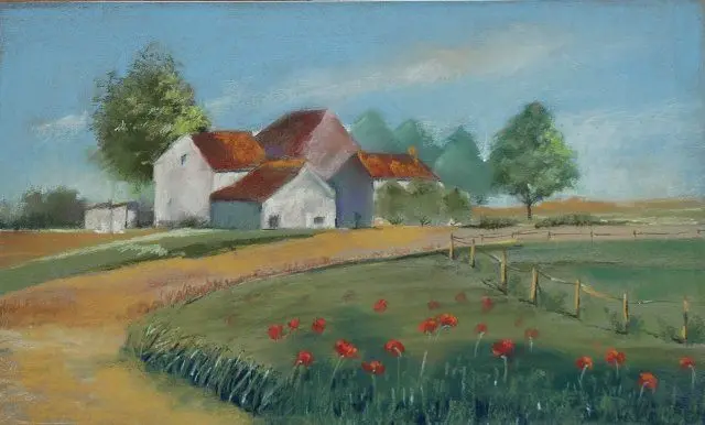 Schilderij van witte huizen met rode daken in een veld met klaprozen.