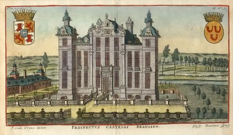 Ingekleurde gravure van kasteel Beaulieu tussen twee wapenschilden.