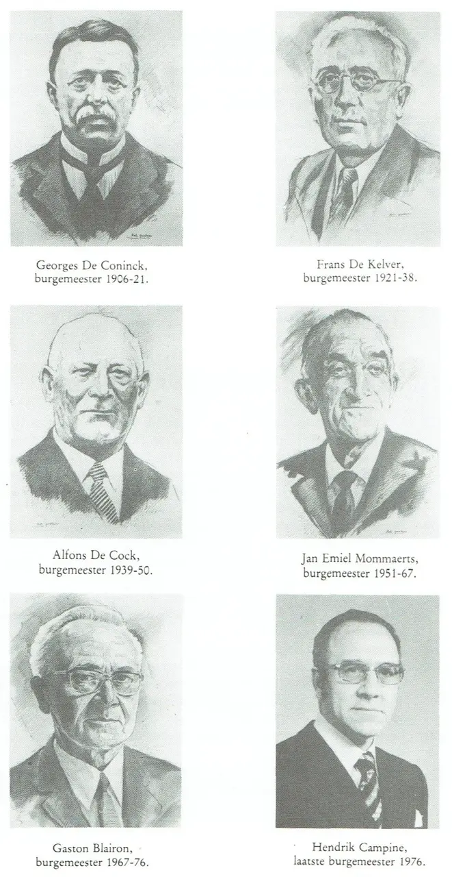 De burgemeesters van 1906 tot 1976: Georges De Coninck, Frans De Kelver, Alfons De Cock, Jan Emiel Mommaerts, Gaston Blairon en Hendrik Campine.