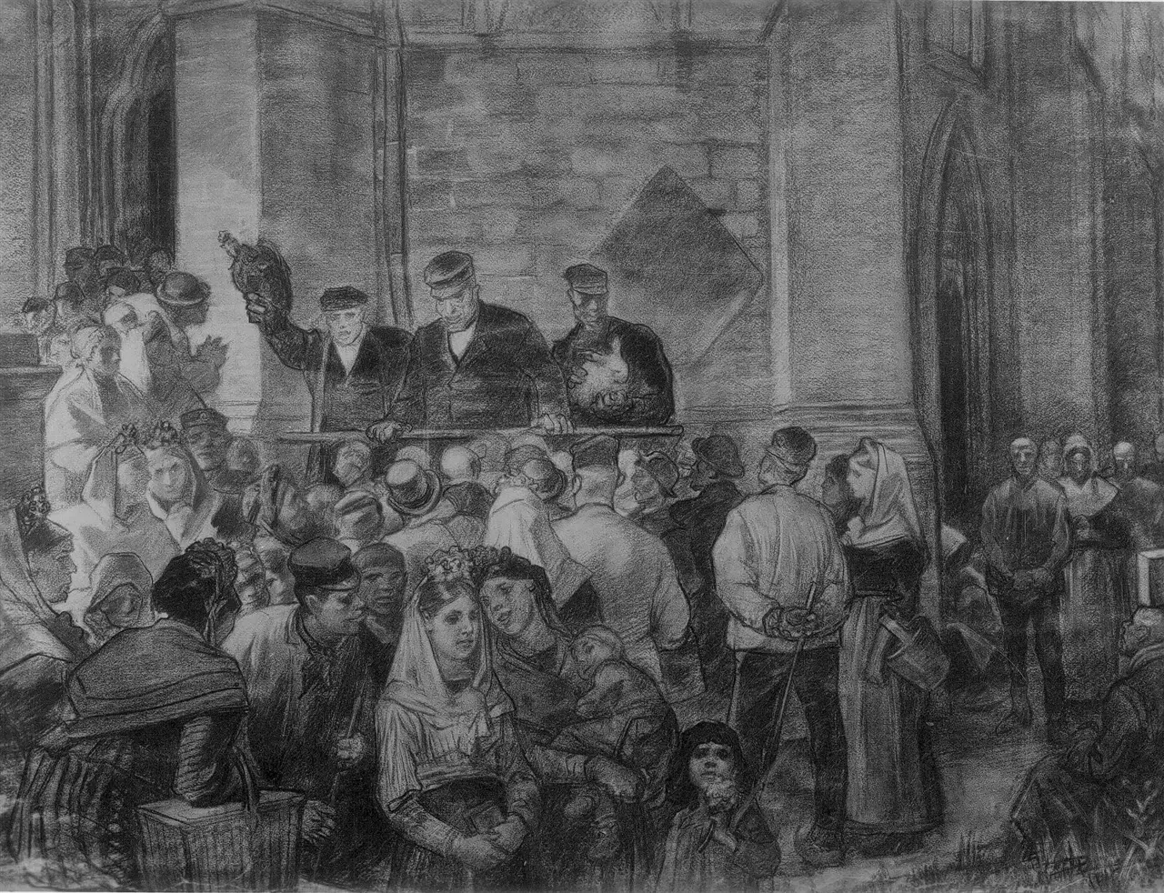 Oude foto: dicht opeengepakte bedevaarders.