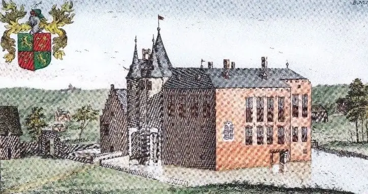 Ingekleurde gravure van kasteel Marga met wapenschild.