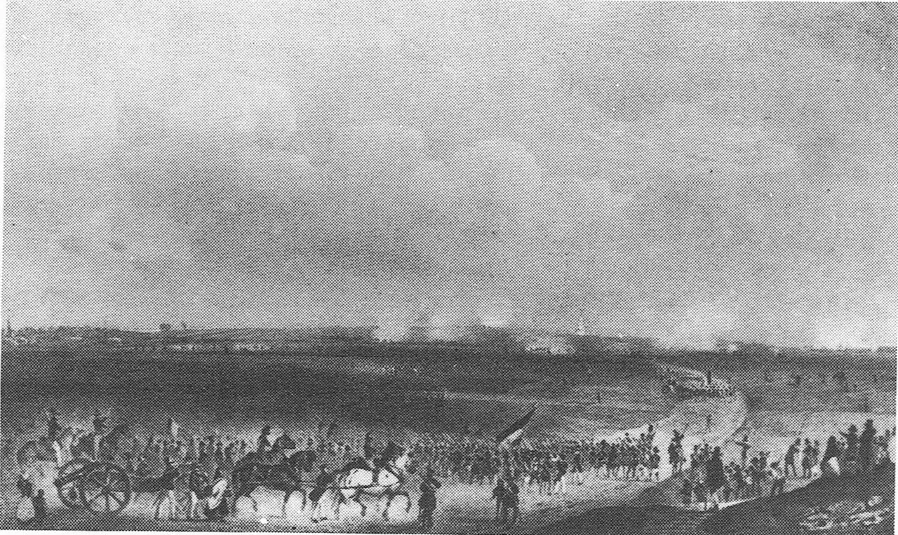 Op 21 september 1830 raakten Hollandse troepen slaags op de hoogvlakte bij Diegem (lithografie naar P. Lauters).