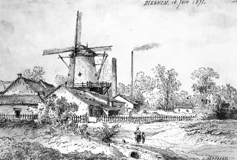 Gravure: windmolen en fabrieksschouwen aan het water.