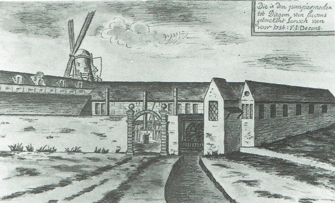 Tekening van de papiermolen van Bauwens, van vóór 1734 (F.J. Derons).
