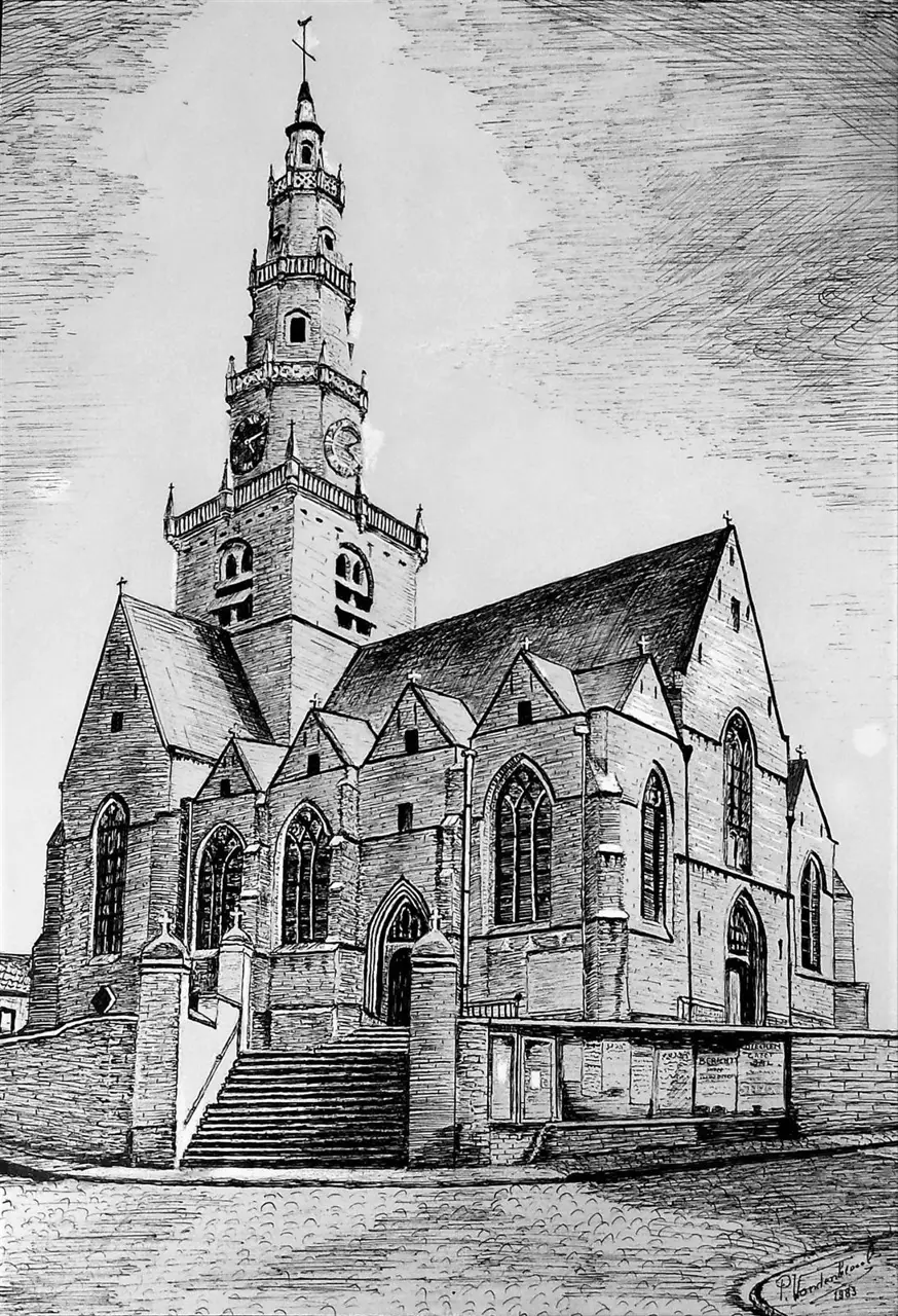 Gravure van de Sint-Katarinakerk en haar torenspits.