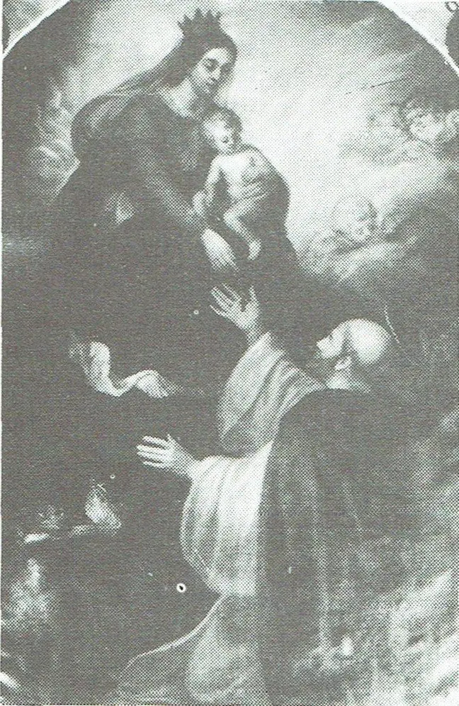 Maria reicht dem heiligen Dominikus den Rosenkranz (1840).