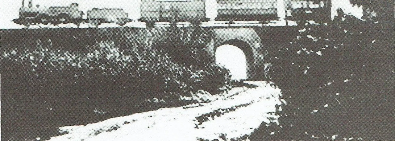 Ein Zug über dem Tunnel der Mommaertslaan um 1900; rechts der Hof ten Bossche.