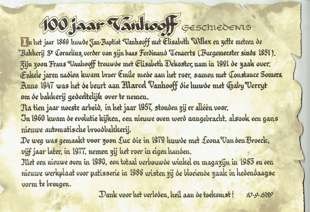‚100 Jahre Vanhooff‘: die Geschichte der Bäckerei auf Pergament, 10-9-1989.