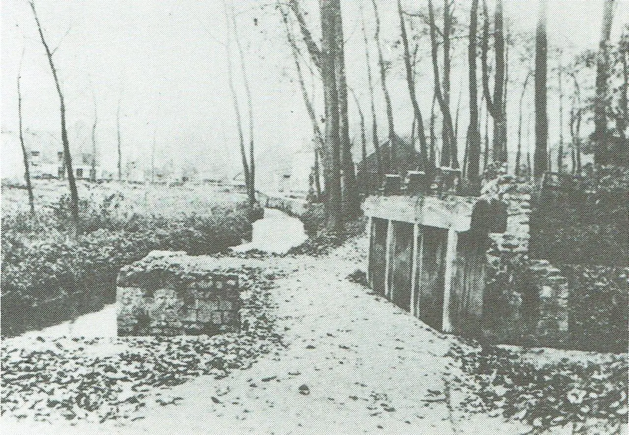 De beekkant met het Schof, een afsluiting tussen Woluwe en Hollebeek; in de verte de bocht van de Haachtsesteenweg.